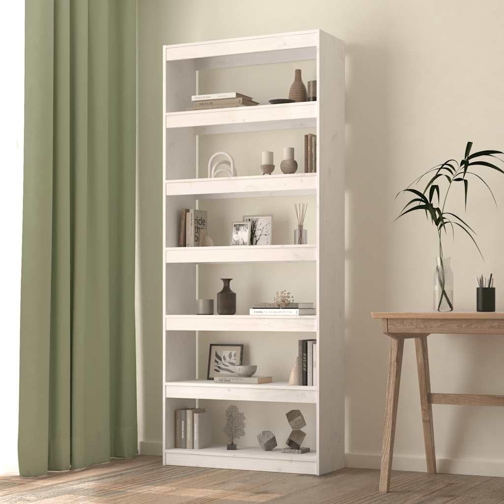 Générique Regał z litego drewna sosnowego biały, 80 x 30 x 199,5 cm z 6 przestronnymi przegródkami, półka do przechowywania i przegroda pokoju na książki, czasopisma i dekoracje