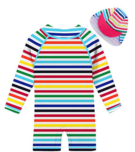 uideazone Baby Rashguard Swimsuit Long Sleeve Stripe Swimwear with Cute Sun Protection Hat 18-24 Months