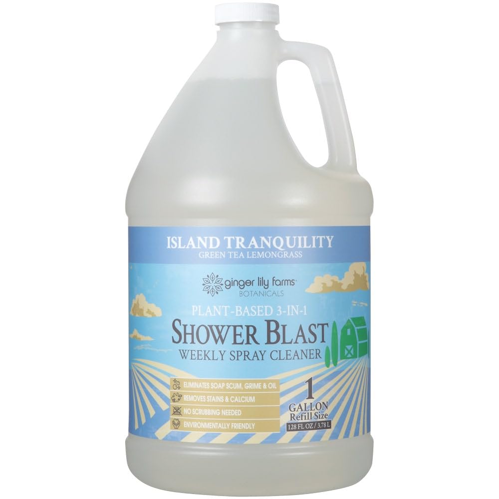 Ginger Lily FarmsBotanicals Plant-Based 3-in-1 Shower Blast Weekly Spray Cleaner, 100% Vegan & Cruelty-Free, Island Tranquility, Green Tea Lemongrass, 1 Gallon (128 fl. oz.) Refill