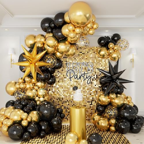 CboDeco Black and Gold Balloons Garland Arch Kit 146pcs Black Gold Balloons 18 12 10 5 inch with Exploding Star Foil Balloons for Graduation Birthday New Year Party Decorations Supplies