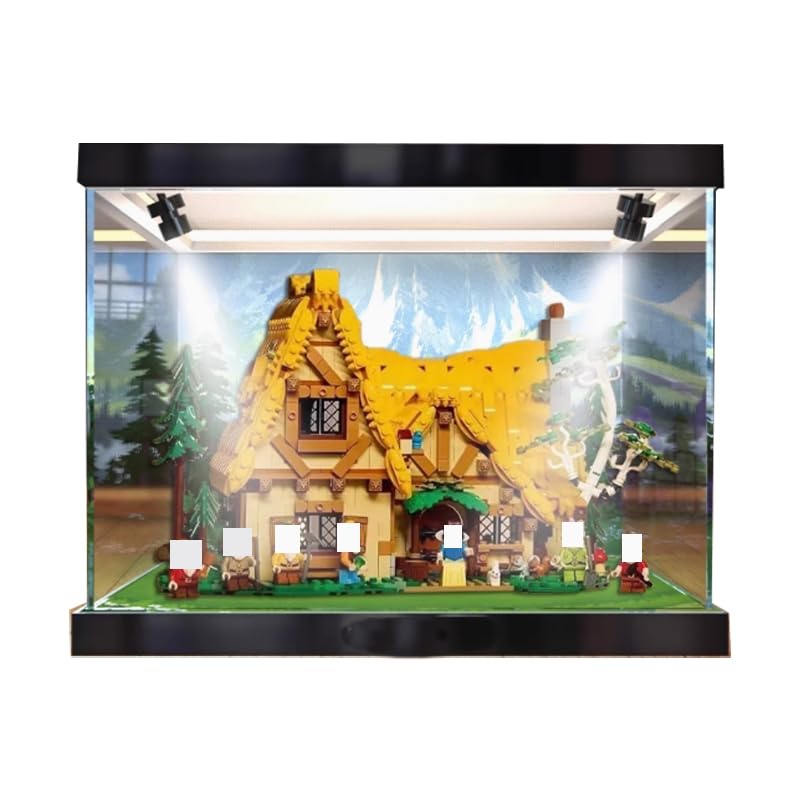 HCAEIOFJ Clear Acrylic Display Case for Lego Snow White and the Seven Dwarfs' Cottage, 17.71x11.81x9.84in, Acrylic Frame, Background+Top Light