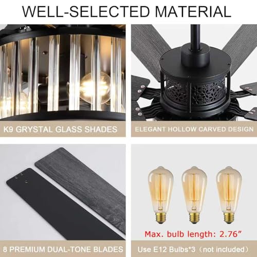 Image of NKPU 52 Inch Farmhouse Crystal Ceiling Fans with Lights and Remote, Chandelier Industrial Ceiling Fan with Dual 8 Blades, 6 Speed Reversible Motor, Timing, Black Ceiling Fan for Living room Bedroom