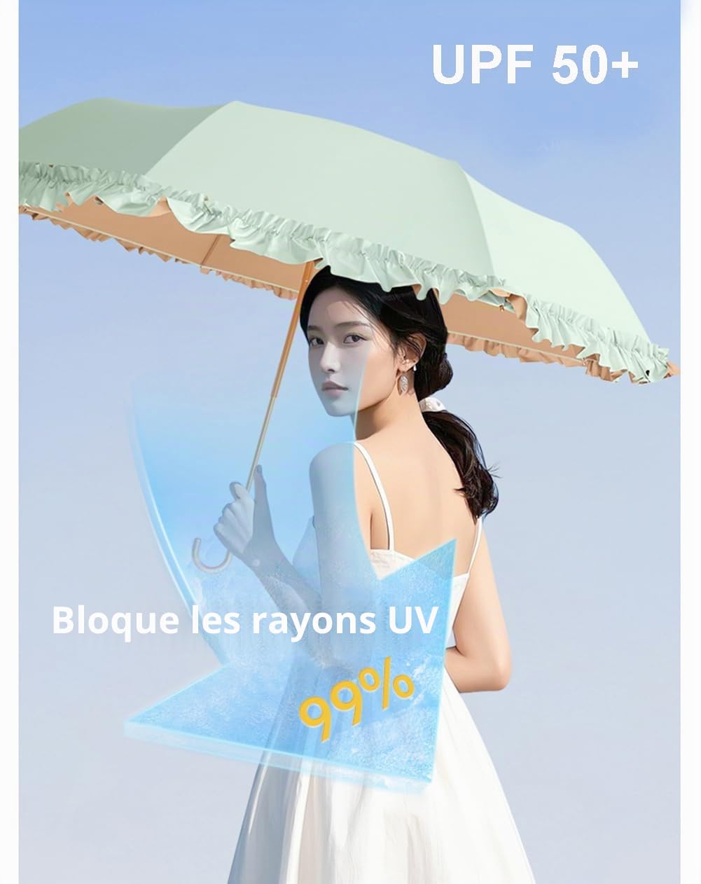 LCY Parapluie pliable à bords floraux avec poignée en crochet, résistant au soleil, à la pluie et au vent