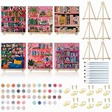 YooNotee 6 Pack Paint by Numbers Kit for Adults Pink Bookshelf Adult Paint by Number Kits for Women on Canvas Book DIY Acrylic Painting on 8x8 Inch Canvas with Wooden Easels & Brushes, Home Wall Decor