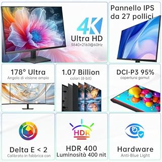 KTC Monitor 4K 27 Pollici | UHD@60Hz | 1,07 Miliardi di Colori, 133% sRGB, 100% DCI-P3, ΔE＜2 | Luminosità 400 cd/㎡, HDR400 | VESA 100x100 | Filtro Anti-Luce Blu | 2 x HDMI 2.0, 1 x DP 1.4 | H27P27