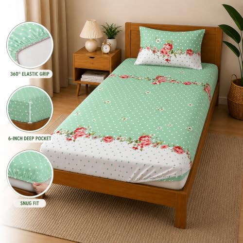 Image of Cotton Elastic Fitted Bedsheets with 1 Pillow Covers | Floral Printed Single Bed Elastic 220 TC Supersoft Breathable & Wrinklefree | for 36x72+6 Inches, Home Style Mint Green Rose