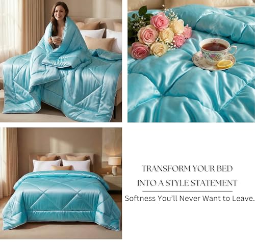 Image of SANMARINO Satin Comforter Double Bed 88x96 Inches | 300 TC Ultra Soft Silky Satin Comforter | Luxury Bedding for Bedroom, Couples, Wedding & Home Decor (Aqua Blue)