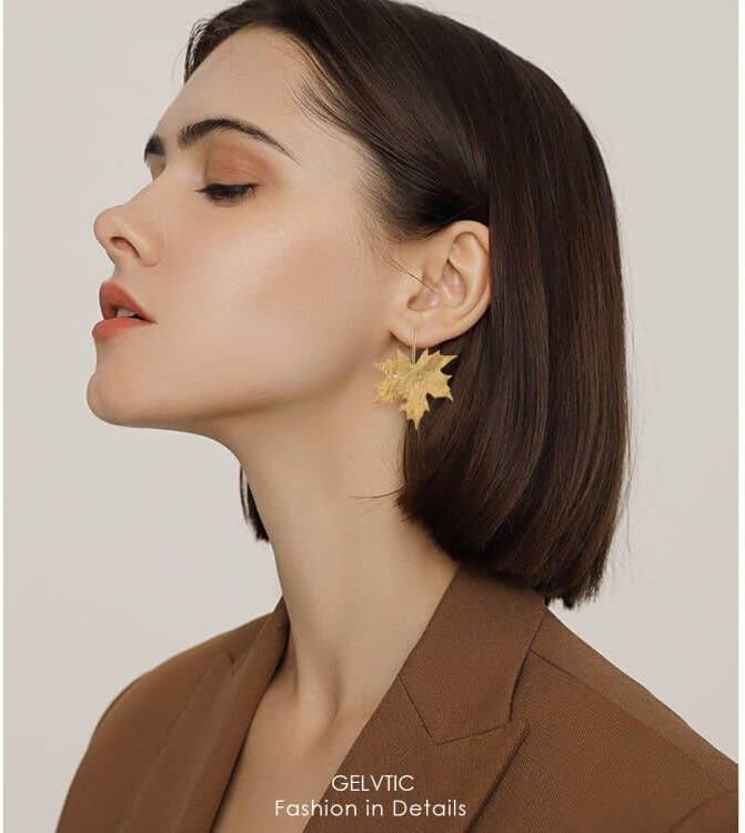 Gold Leaf Earrings for Women Lightweight Statement Palm Leaves Drop Dangle Fall Earring Ginkgo Dangling Monstera Big Filigree Boho Hook Jewelry Birthday Valentine's Day Gift - Image 3