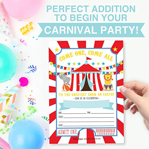 Image of Hadley Designs Kids Birthday Invitations For Boys Carnival Theme - 25 Circus Birthday Party Invitations For Boys, Carnival Invites For Boy, Cute Circus Party Supplies, Made In USA