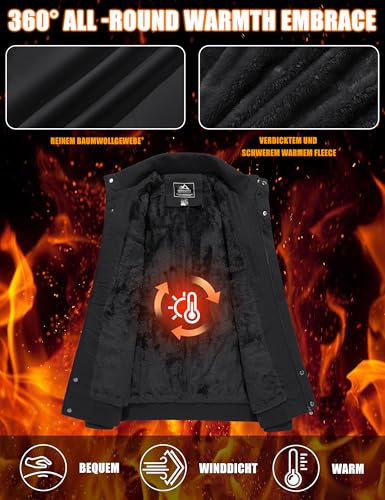 KEFITEVD Übergangsjacke Herren Fleece Gefüttert Fliegerjacke Warme Winterjacke Army Feldjacke Retro Bomberjacke Winter Männer Jacke Schwarz M