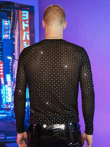 WDIRARA Men's Rhinestone Trim Mesh Sheer Long Sleeve Round Neck Party Blouse Shirts2