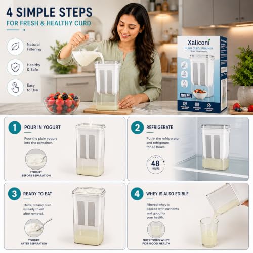 Image of Greek Yogurt Maker & Hung Curd Strainer | Paneer Maker | Curd Separator | 1100ml BPA-Free Container with Fine Mesh Strainer -Leakproof | Easy to Clean Whey Separator Kitchen Tool (Pack of 1)