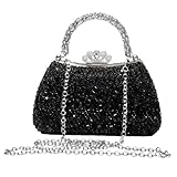 Bolsa clutch noturna com strass, bolsa de mão de cristal luxuosa com corrente destacável e coroa com fecho de beijo, bolsa formal com glitter brilhante para mulheres, casamento, formatura, gala (preta