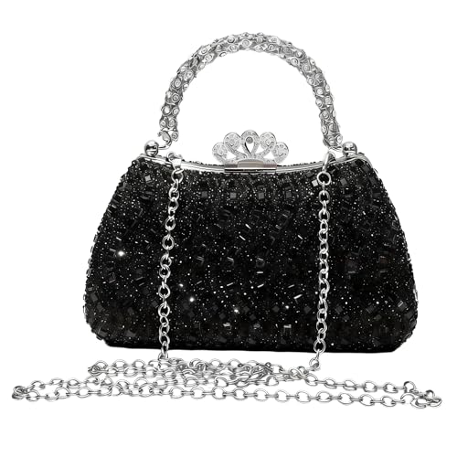 Bolsa clutch noturna com strass, bolsa de mão de cristal luxuosa com corrente destacável e coroa com fecho de beijo, bolsa formal com glitter brilhante para mulheres, casamento, formatura, gala (preta
