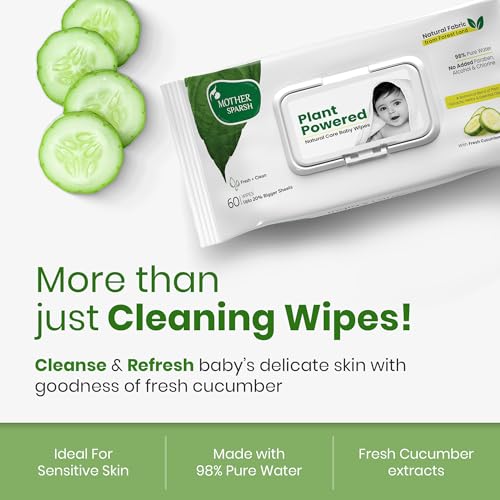 Image of Mother Sparsh Natural Care Baby Wipes 60 Pcs (Pack of 6) I 100% Plant Made Fabric From Forest Land | Fresh+Cleanse (with Cucumber) Plant Powered Wet Wipes For Baby I Cotton Cloth Like Bigger Sheets