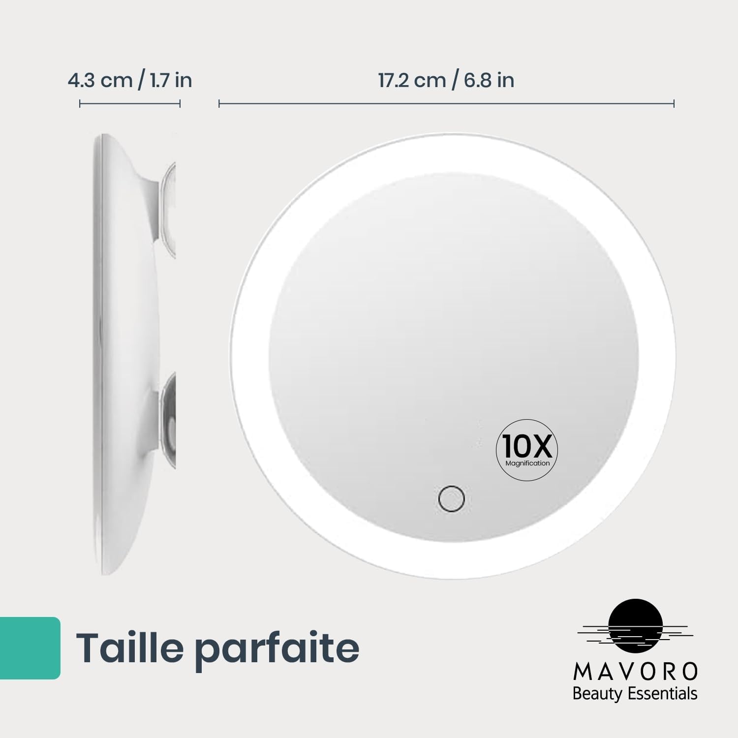 Mavoro Miroir Grossissant LED 17 cm avec 3 Ventouses Puissantes