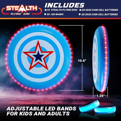 USA Toyz Stealth LED Flying Disc- Light Up Disc for Adults and Kids, 49 LEDs Glow in The Dark Disk, 2 LED Arm Bands, Sport Golf Ultimate Disc Outdoor Game Set, Waterproof Glow Hover Discs (Red/Blue) - Thumbnail 4