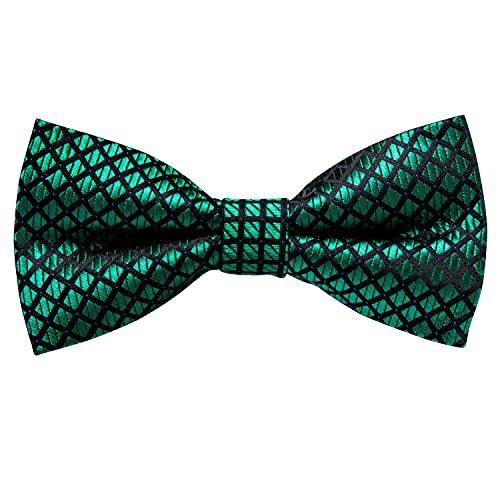 Image of Hi-Tie Pre-Tied Bowties for Men Silk Bow Ties and Pocket Square Cufflinks Set Mens Wedding Party Formal,Black Green Plaid