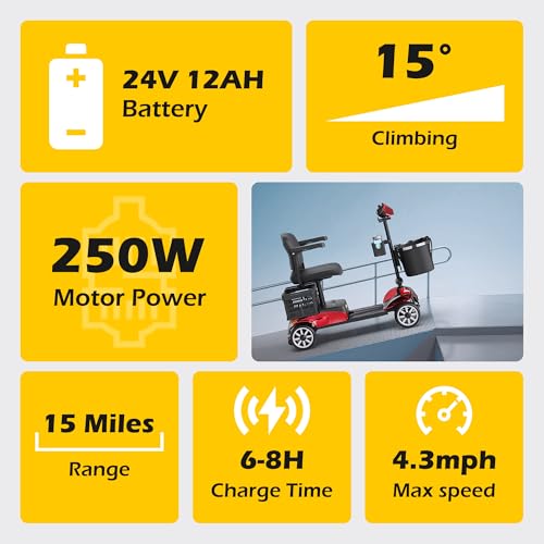 Foldable 4-Wheel Mobility Scooter for Adults – Portable Motorized Scooter with 330 lbs Capacity, Detachable Battery, Dual Baskets, Cup & Phone Holder, Red