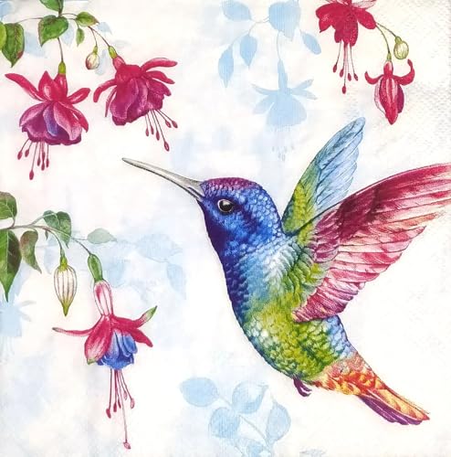 Set of 2 Individual Decoupage Paper Party Napkin Hummingbird Fushia Flowers Watercolor Decor Luncheon Napkins for a Birthday Holiday, Wedding, Cocktail Party