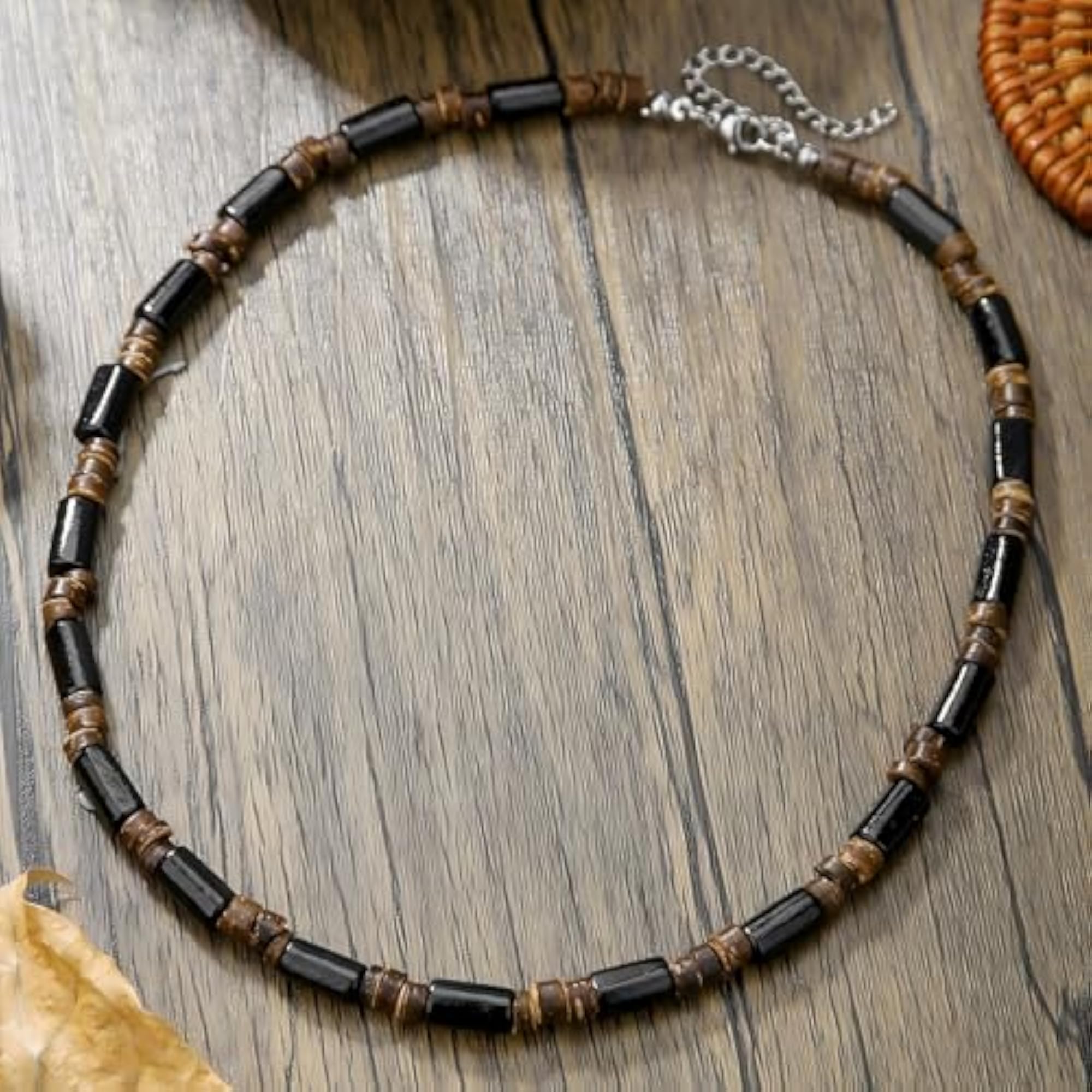 Men's Surfer Beaded Choker Necklace, Puka Shell & Wood Beads