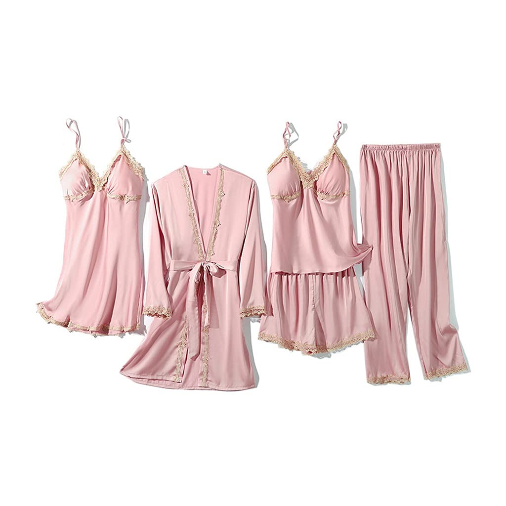 Pyjamas pour femme de luxe 5 pièces en faux silk texturé rose XL avec dentelle raffinée