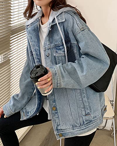 Lifeshe Women's Denim Jacket With Hood Oversized Distressed Jean Jackets Hoodie #TOP1