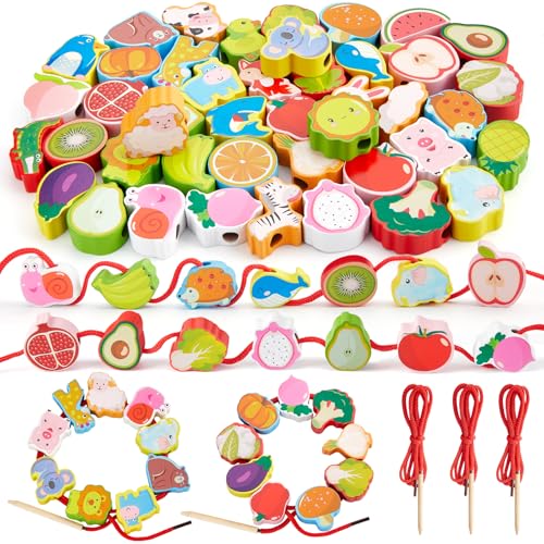 Fädelspiel ab 1 2 3 Jahre,44 Stück Obst GemüSe Tiere Holzperlen...