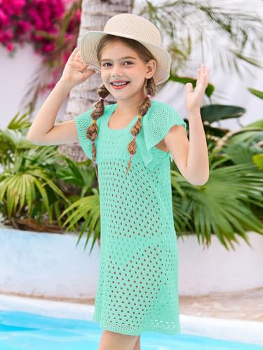 Haloumoning Girls Crochet Swim Cover Up Kids Ruffle Sleeve Hollow Out Summer Beach Dress 5-14 Years3
