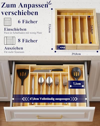 Kitsure Besteckkasten für Schubladen, Bambus Organizer 8 Fächer, Large – Ansicht 4