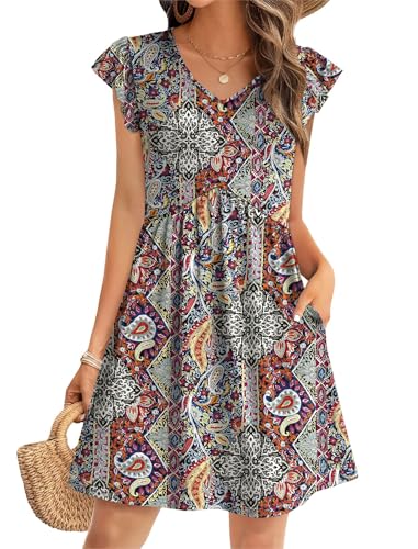 Image of OFEEFAN Summer Dresses for Women Beach Vacation Clothes V Neck Ruffle Sleeve Babydoll Dress Elegant Classy Sundress