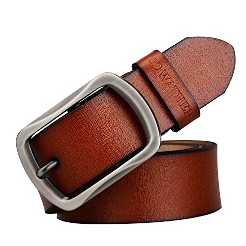 Cinturón de hombre, cuero de vaca, hebilla de metal de cuero genuino, vestidor para jeans, casual, vaquero, ropa de trabajo y de trabajo (Color : Brown, Size : S)
