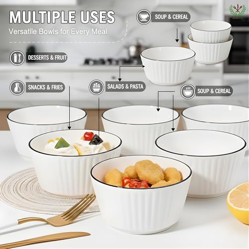 Image of Elegant White Ceramic Dessert Bowls with Black Rim - Set of 2, Ribbed Design, Perfect for Ice Cream, Desserts, Snacks, and More (2 Round Bowls)