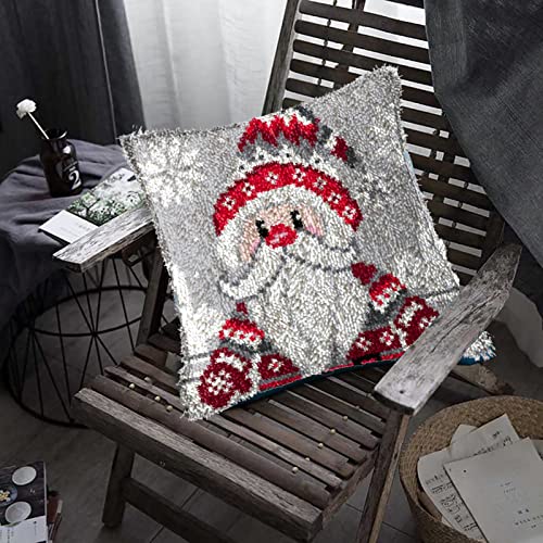Image of TEZKIM Latch Hook Kits for Adults Christmas DIY Throw Pillow Cover with Printed Canvas Pillowcase Needlework Cushion Cover Hand Craft Creative Gift Home Decoration 16.9Inch X16.9Inch (Red)