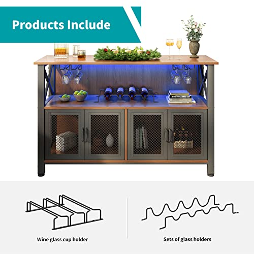 Balus Wine Bar Cabinet With Large Storage | Rgb Led Light Metal Mesh Doors Industrial Buffet Coffee Counter With Red Wine Racks | Modern Iron＆Wood Liquor Cabinet For Home #TOP3