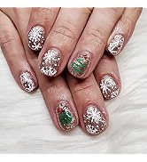 ZASKHLD Christmas Press on Nails Short Square Fake Nails with White Snowflake Design Glossy Gold ...