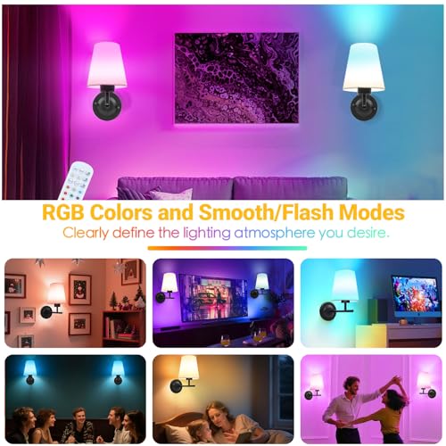 Image of Battery Operated Wall Sconce Set of Two, Black Cordless Rechargeable Wall Lights with Remote and Timer, 12 RGB Colors Dimmable Wall Lamps for Bedroom Living Room Hallway