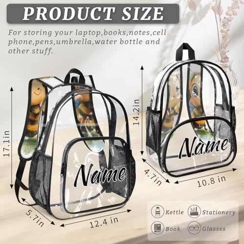 Personalized Cartoon Bee Clear Small Backpack for Stadium Events Custom Transparent Backpacks with Name Heavy Duty PVC Plastic See Through Clear Bag for Concerts Daisy Flowers Bees3