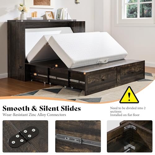 Image of AMERLIFE Queen Murphy Bed Cabinet with Charging Station and Storage, Farmhouse Foldable Platform Bed for Guest Room, Office, Small Spaces, Black Oak