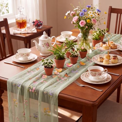 Lounsweer Sage Green Wildflower Table Runner 10ft Embroidery Tulle