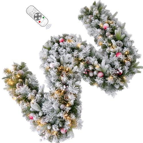 9FT Flocked Prelit Garland with Dual Color LED Lights and
