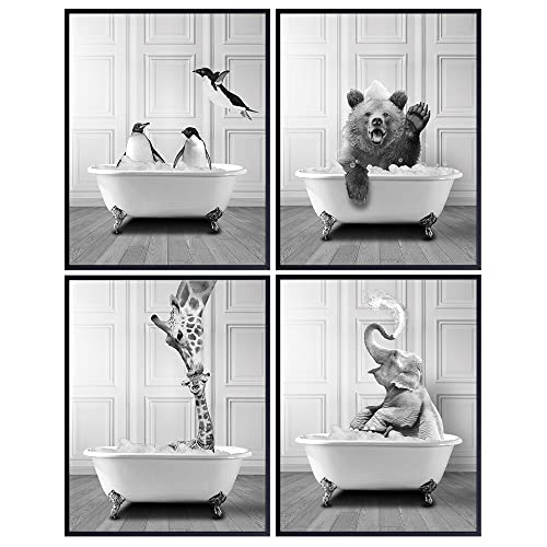 Image of Funny Bathroom Decor for Women, Kids - Elephant, Bear, Giraffe, Penguin Wall Art - Bathroom Pictures - Bath Wall Decor - Cute Modern Bathroom Accessories - Cool Unique Bathroom Sign - Powder Room