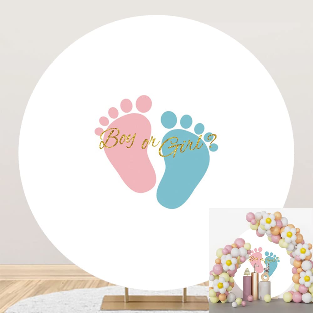 Laeacco 7.2x7.2ft Girl Or Boy Gender Reveal Round Backdrop Pink Blue Cloud Newborn Baby Shower Arch Background For Photography He Or She Neutral Reveal Party Cake Table Decor Portrait Photo Booth Prop - View #5