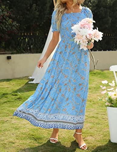 Zesica Women's 2023 Summer Boho Floral Print Square Neck Ruffle Swing Beach Long Maxi Dress,Blue,Large #TOP9