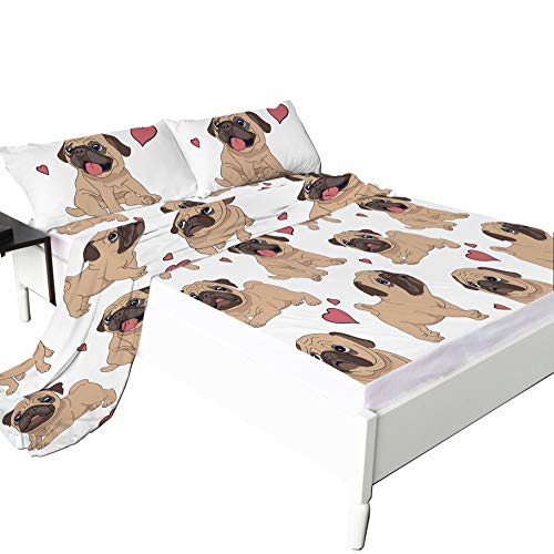 Sleepwish 4-Piece Bed Sheets 3D Printed Fitted Sheets Premium Quality 1800 Microfiber Non-Fade Breathable Soft -Includes 1 Flat Sheet,1 Fitted Sheet,2 Shams (Brown Pug Heart, Twin) #TOP1