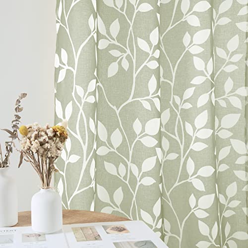 Image of XTMYI Boho Curtains for Kitchen Window Green Leaf Sheer Small Curtains for Bedroom Bathroom 30 Inch Length Sage