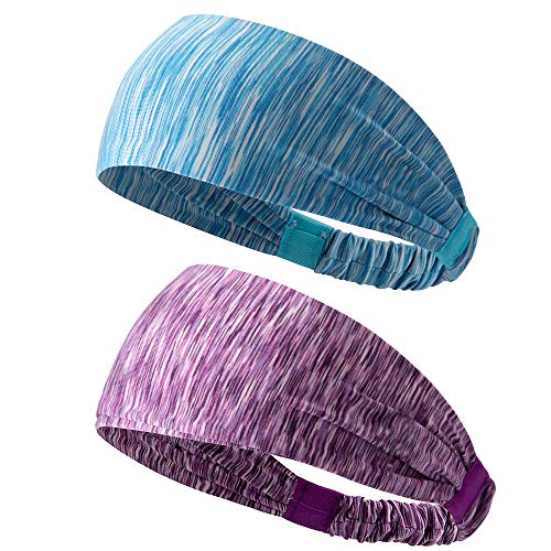 Sports Headbands for Women,Solid Color Non Slip Elastic Wide Hair Band,Yoga Running Workout Hair Bands (sea blue, purple)