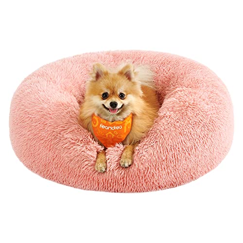 Feandrea Cuccia Cane Interno, Cuccia per Cani, Lettino per Animali Domestici a Ciambella, Cuscino Sfoderabile e Lavabile, Tappeto di Peluche, Diametro 60 cm, Rosa PGW038P01