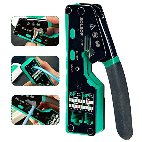 Solsop Rj45 Crimp Tool Kit Pass Through Cat6 Crimping Tool For Cat5 Cat5E Cat6 8P8C Connector, All-In-One Ethernet Crimper And Lan Tester #TOP2