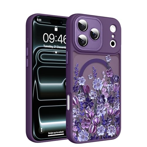 Image of Magnetic for iPhone 17 Pro Case [Compatible with MagSafe] Pretty Oil Painting Floral Flower Pattern Design, Shockproof Slim Translucent Matte Cover for Women Girls, Dark Purple